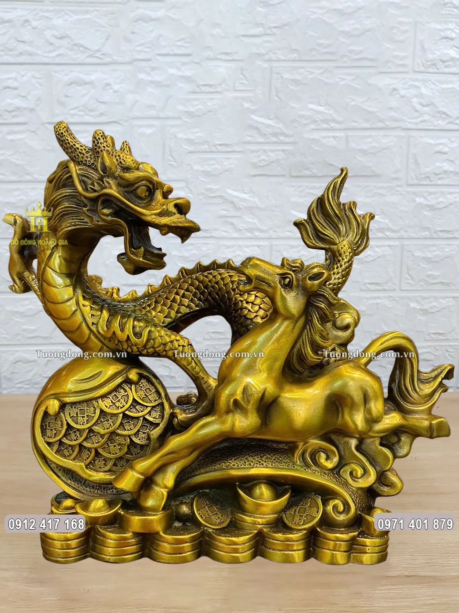 Tượng Long Mã Bằng Đồng Vàng Cao 23Cm