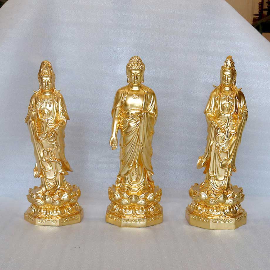 Bộ Tượng Tây Phương Tam Thánh Dáng Đứng Dát Vàng 9999 Cao 45Cm