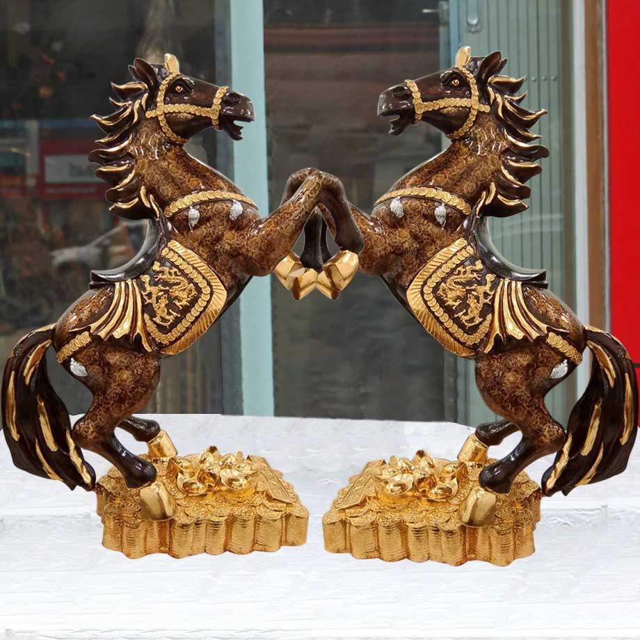 Đôi Ngựa Hí Tuấn Mã Khải Hoàn Bằng Đồng Thau Dát Điểm Vàng 9999