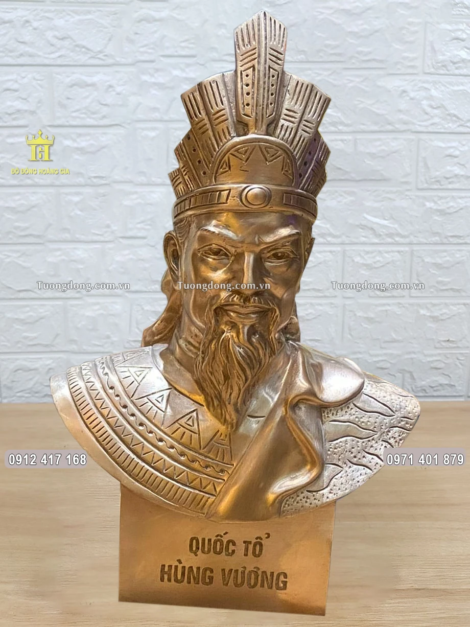 Tượng Vua Hùng Bán Thân Bằng Đồng Đỏ Màu Cổ Cao 38Cm