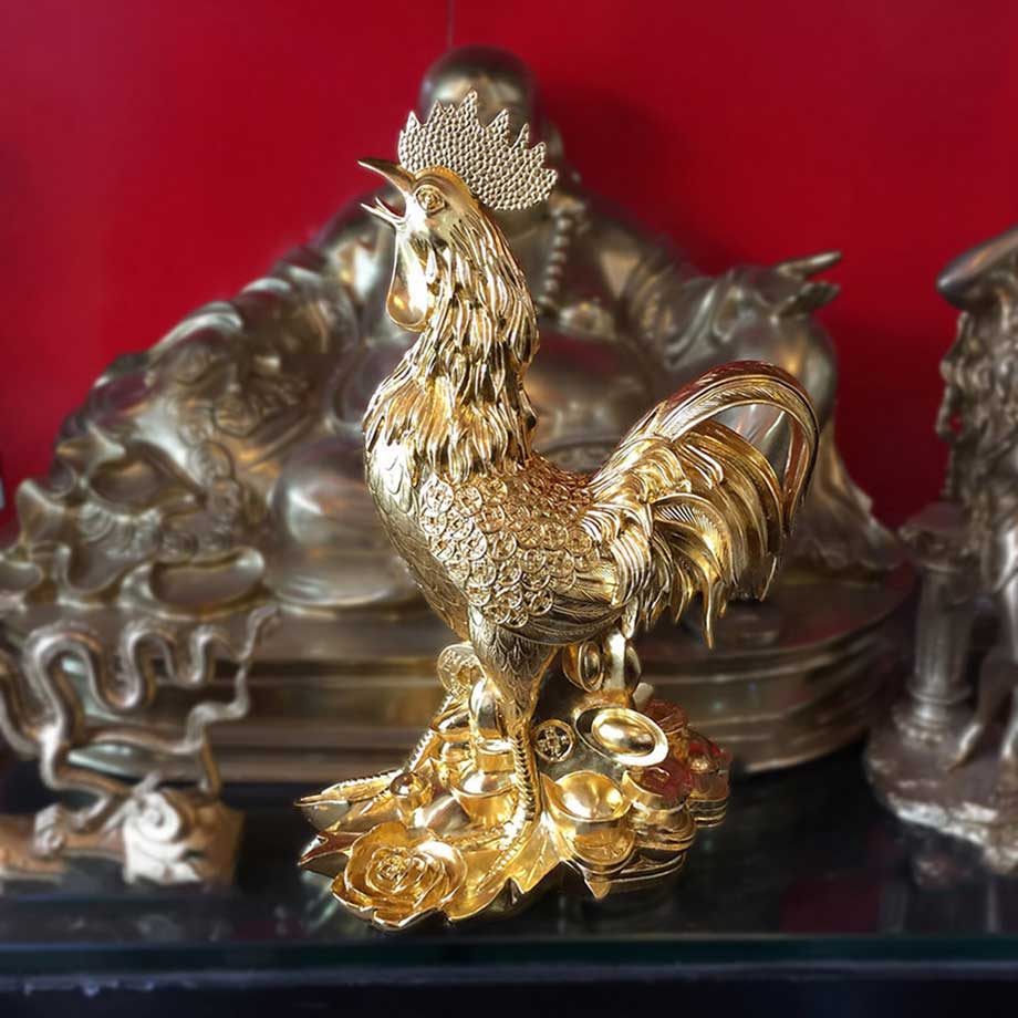 Linh Vật Gà Trống Cánh Tiền Thếp Vàng 9999 Cao 30Cm