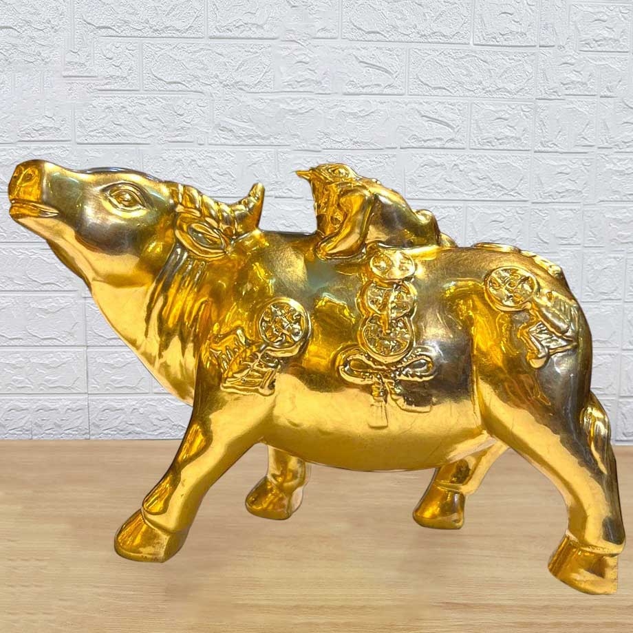 Tượng Đồng Trâu Cõng Thiềm Thừ Mạ Vàng 24K