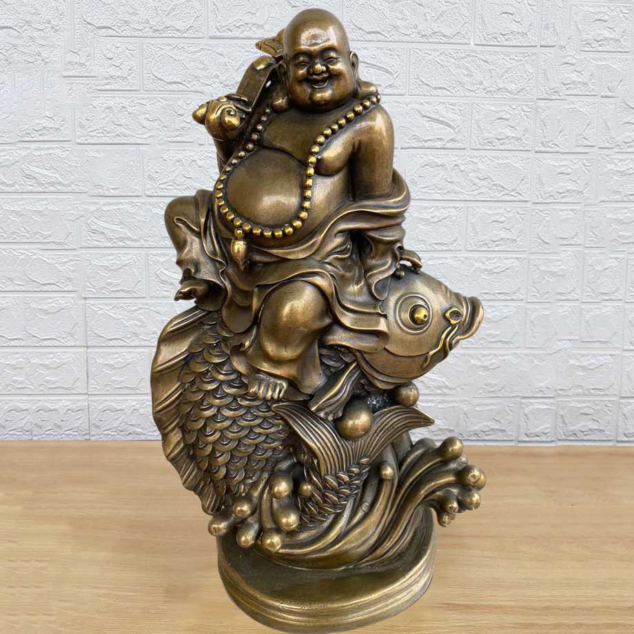Tượng Phật Di Lặc Cưỡi Cá Chép Bằng Đồng Vàng Hun Giả Cổ