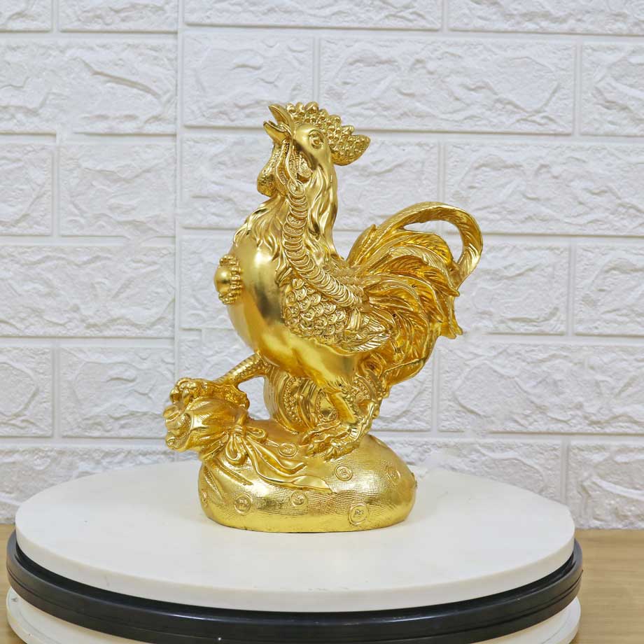 Tượng Đồng Gà Đứng Trên Túi Tiền Mạ Vàng 24K