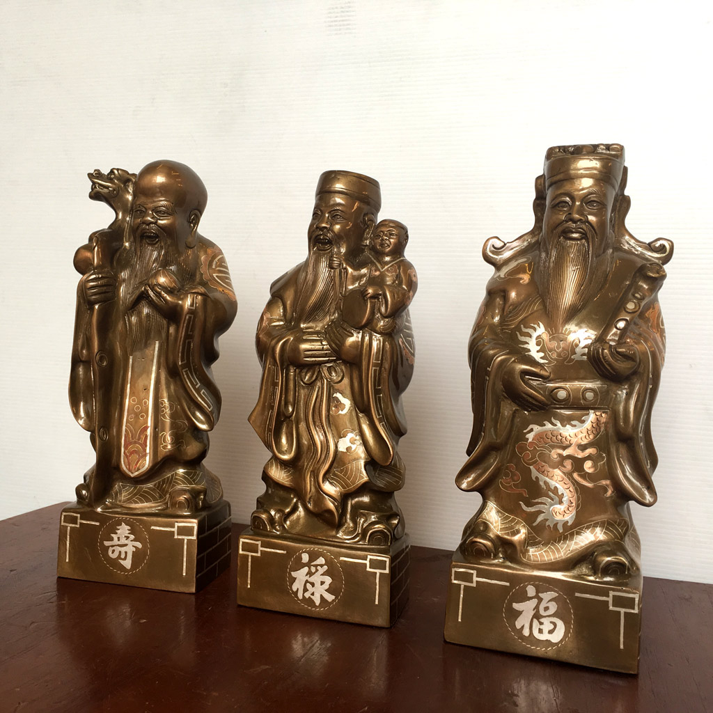 Bộ tượng Tam Đa Ph&uacute;c Lộc Thọ bằng đồng khảm tam kh&iacute;