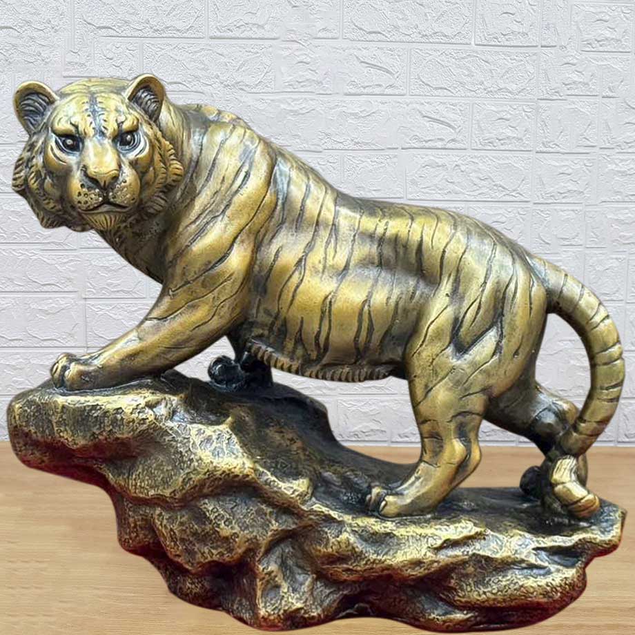 Tượng Hổ Đứng Vách Đá Bằng Đồng Hun Cao 19Cm