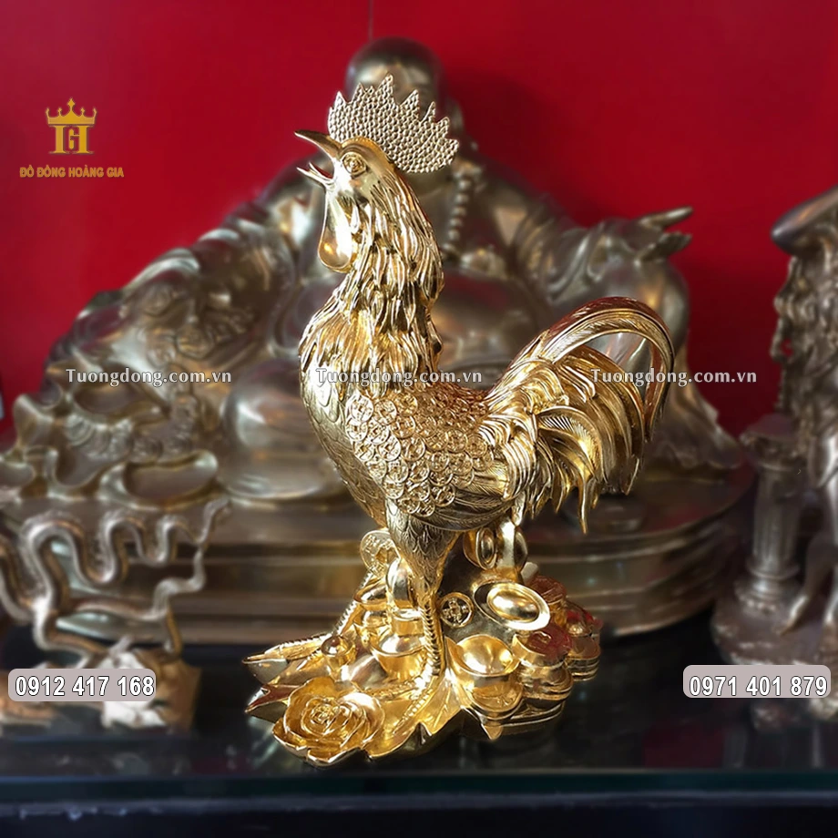 Linh Vật Gà Trống Cánh Tiền Thếp Vàng 9999 Cao 30Cm