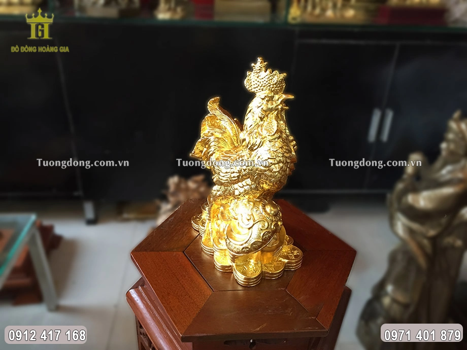 Tượng Đồng Con Gà Ngậm Xâu Tiền Dát Vàng 30Cm