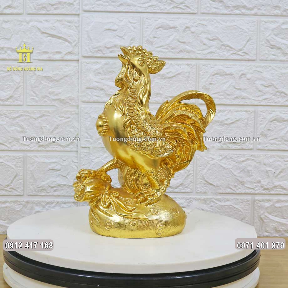 Tượng Đồng Gà Đứng Trên Túi Tiền Mạ Vàng 24K