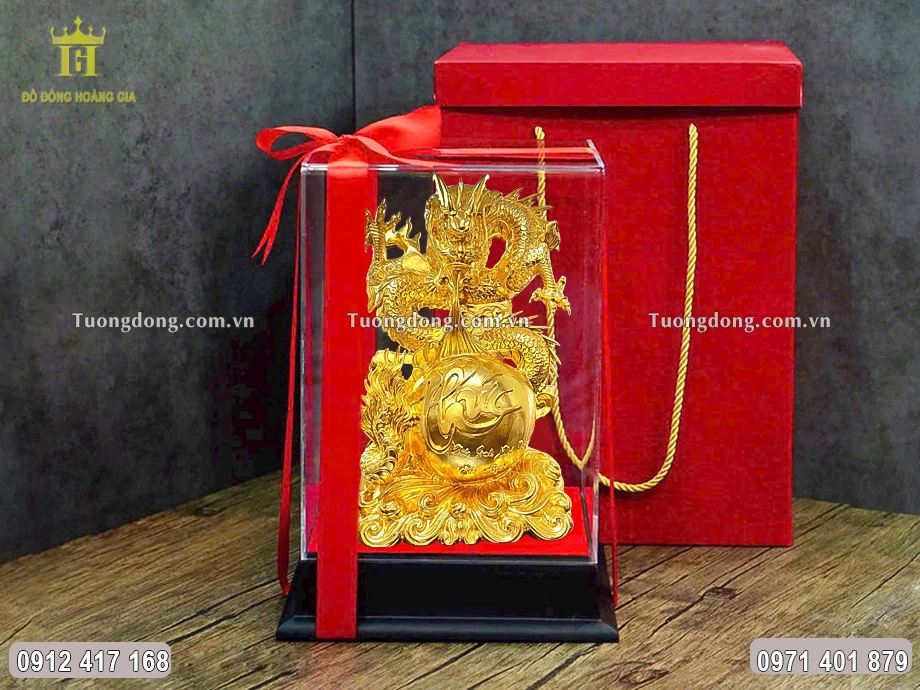 Tượng Rồng Nhả Ngọc Chữ Phúc Thư Pháp Mạ Vàng 24K