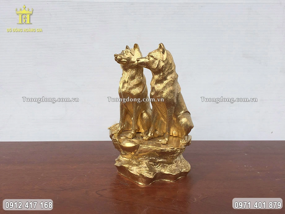 Tượng Song Khuyển Bằng Đồng Vàng Cao 23Cm