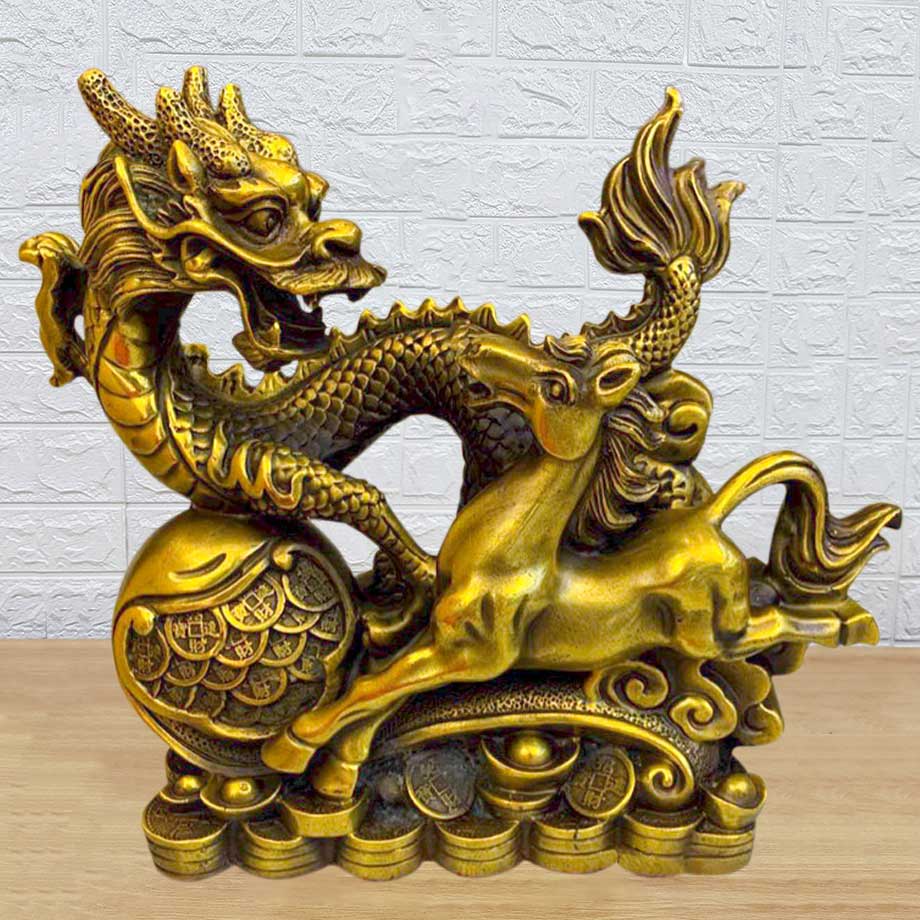 Tượng Long Mã Bằng Đồng Vàng Cao 23Cm