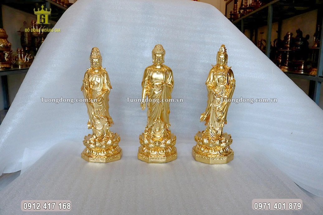 Bộ Tượng Tây Phương Tam Thánh Dáng Đứng Dát Vàng 9999 Cao 45Cm