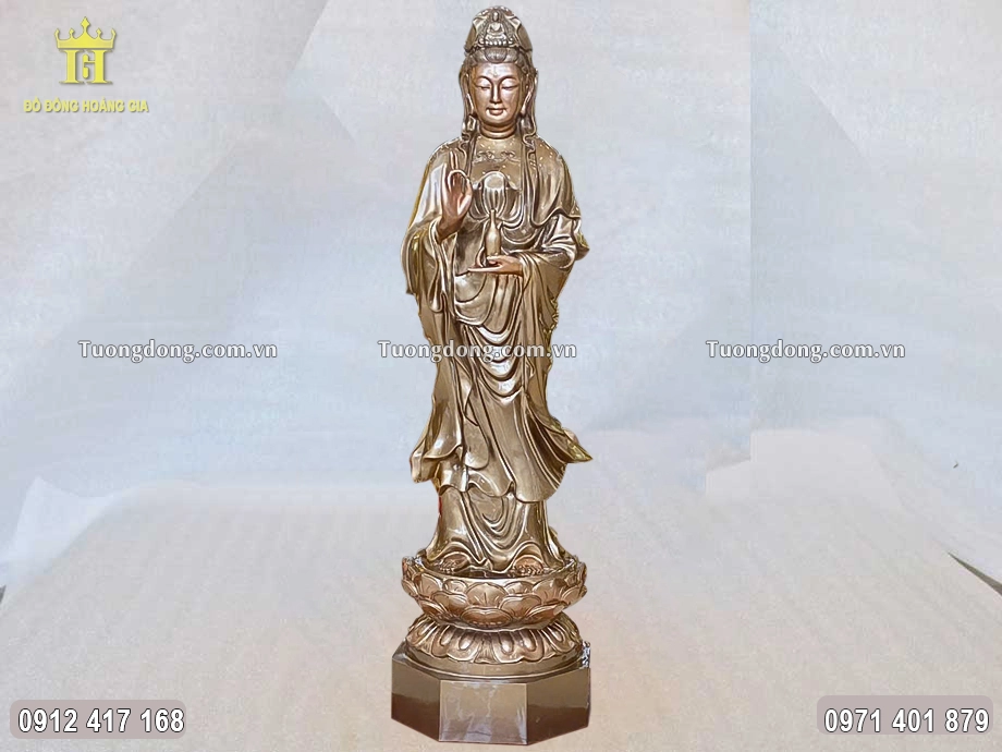 Tượng Phật Bà Quan Âm Bồ Tát Dáng Đứng Bằng Đồng Đỏ Làm Màu 1M1