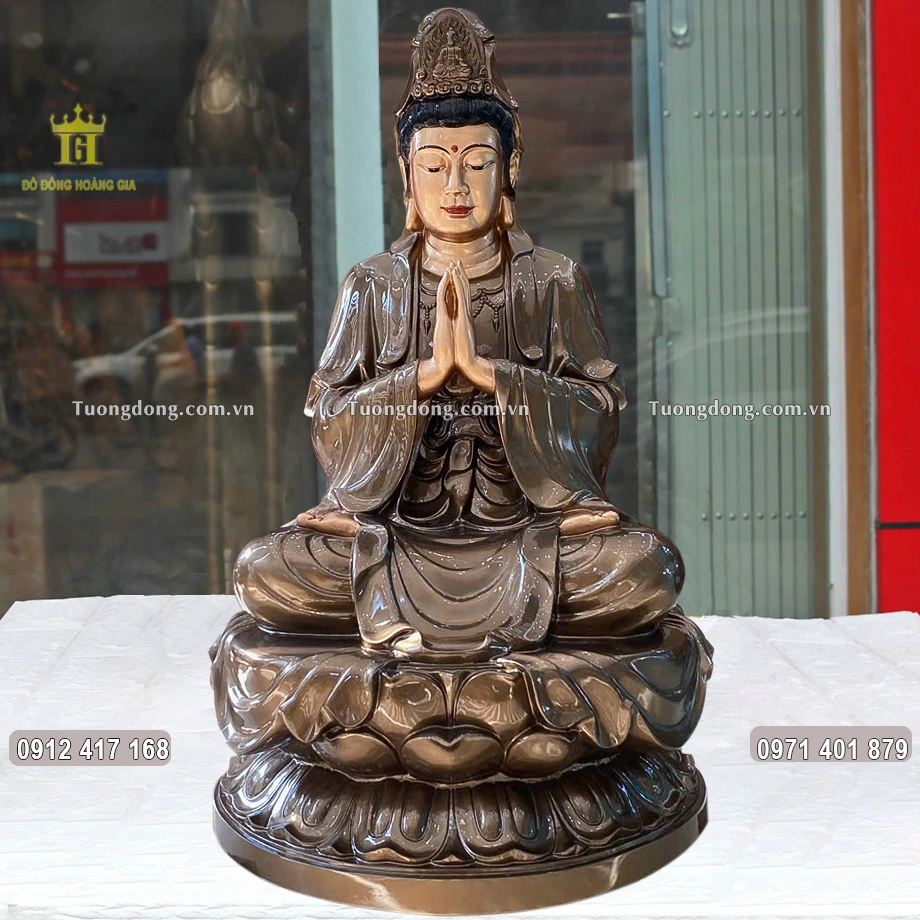 Tượng Phật Bà Quan Âm Ngồi Đài Sen Bằng Đồng Đỏ Làm Màu