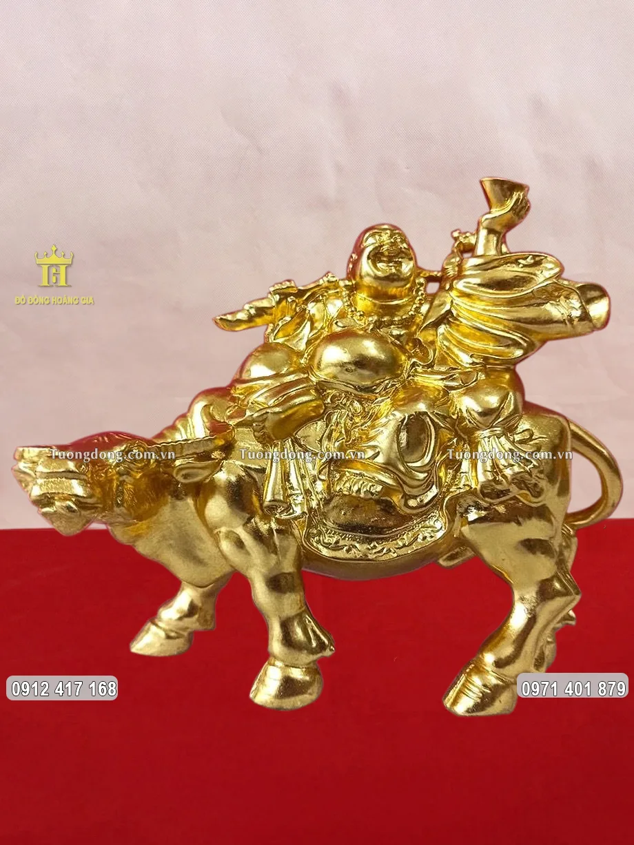 Tượng Phật Di Lặc Cưỡi Trâu Dát Vàng 9999 Cao 18Cm