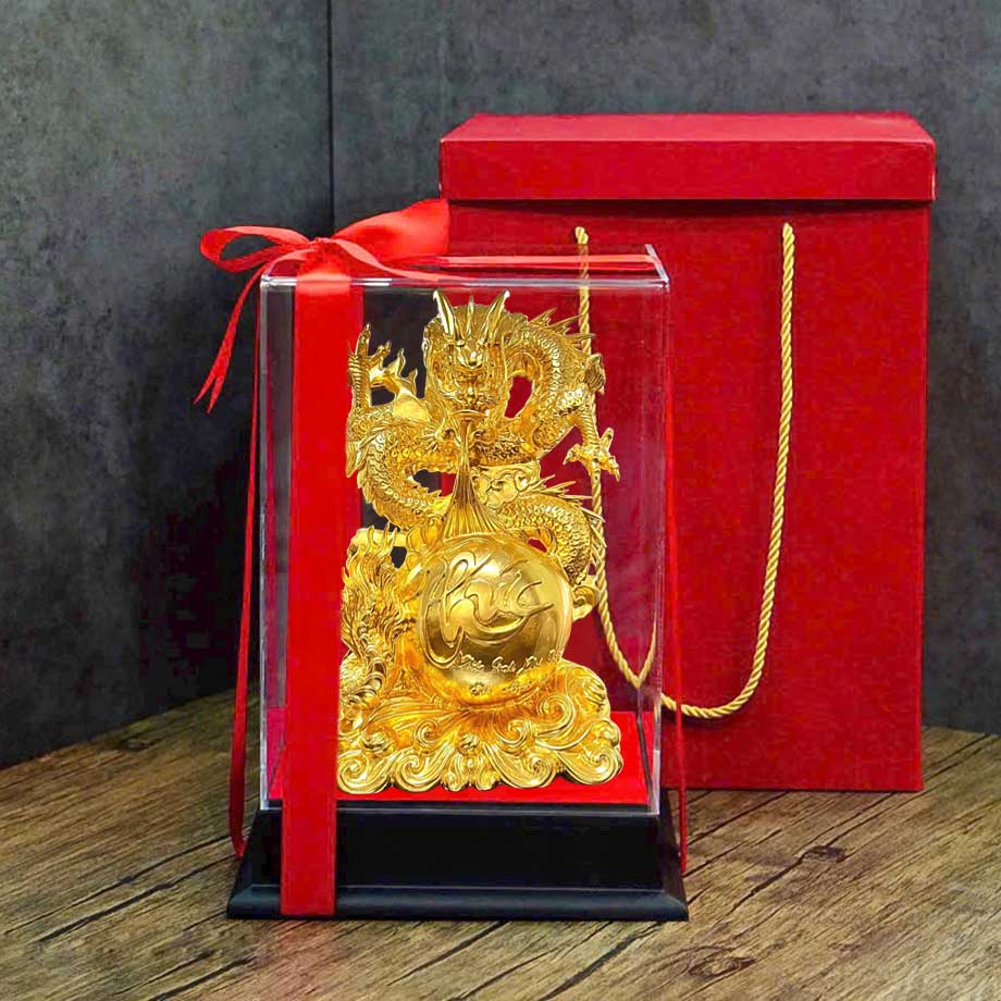 Tượng Rồng Nhả Ngọc Chữ Phúc Thư Pháp Mạ Vàng 24K