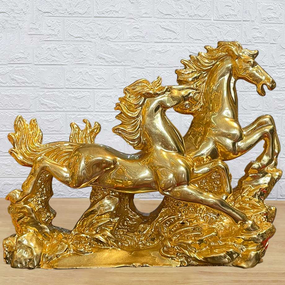 Tượng Song Mã Phong Thủy Bằng Đồng Dát Vàng 24K